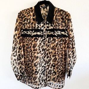 Vintage Mesmerize Sheer Leopard Print Button-Up Long Sleeve Shirt Size PXL